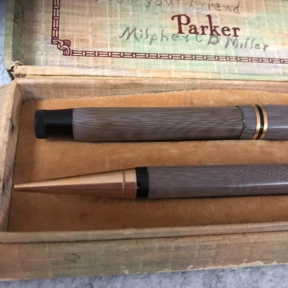 Vintage Parker Moire Lucky Curve Fountain Pen & Pencil Set Original Box PAT 1911